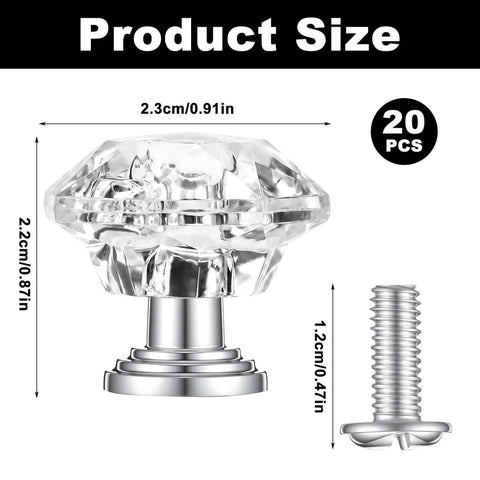 Crystal Drawer Knobs 20 Pack Diamond Shape Glass Cabinet Knobs for Dresser, Cupboard, Wardrobe, size 2.3cm diameter