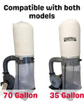 Top Tier Clear Dust Collector Bags Compatible With Central Machinery 35 And 70 Gallon Systems 19 Inch Diameter 40 Inch Length Bulletproof 5 Mil Plastic Five Pack Made In Usa with both models shown.
