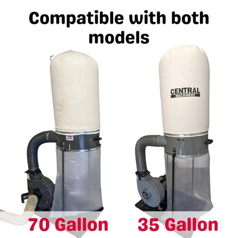 Top Tier Clear Dust Collector Bags Compatible With Central Machinery 35 And 70 Gallon Systems 19 Inch Diameter 40 Inch Length Bulletproof 5 Mil Plastic Five Pack Made In Usa with both models shown.