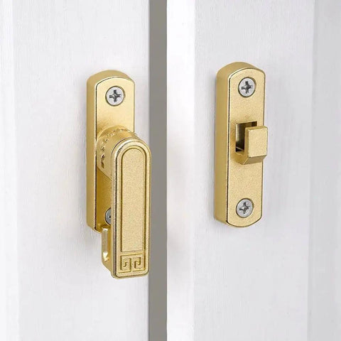 Adjustable Flip Gate Latch Lock For Sliding Barn Doors Heavy Duty Zinc Alloy Build Smooth 90 To 180 Degree Swing Easy Top Bottom Left Right Mounting No Sweat Install Glossy Gold Finish Closet Hardware installed on white doors.
