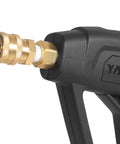 Close-up of brass 1/4 inch quick-connect pressure washer fitting on a YAMATIC spray gun.