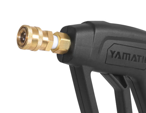Close-up of brass 1/4 inch quick-connect pressure washer fitting on a YAMATIC spray gun.