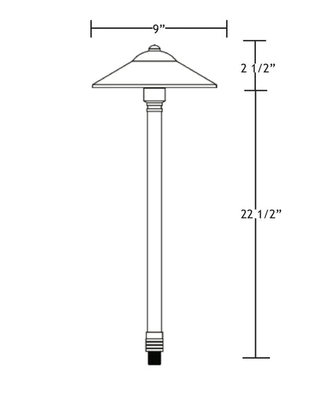 Diagram of a 12V Brass Bronze LED Landscape Lighting Kit with 8 Spotlights and 4 Path Lights, path light dimensions