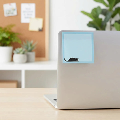 Black Cat Sticky Notes 3x3 Set For Back To School And Office on a laptop, featuring a cute cat design.
