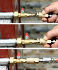 RV Winterize Blowout Adapter With One Quarter Inch Quick Connect Plug And Three Quarter Inch Garden Water Hose Threading in use.