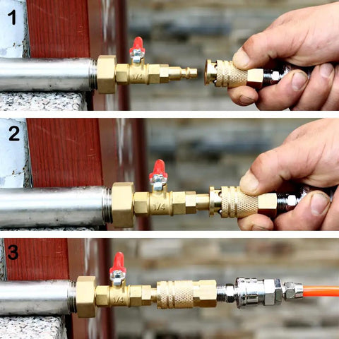 RV Winterize Blowout Adapter With One Quarter Inch Quick Connect Plug And Three Quarter Inch Garden Water Hose Threading in use.