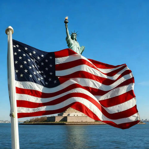 Heavy Duty Outdoor US Flag 2.5x4 Ft With Embroidered Stars And Sewn Stripes, Statue of Liberty in Background