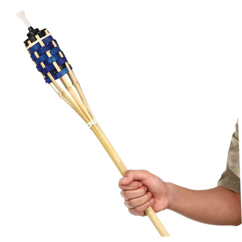 Hand holding Two Pack Outdoor Tiki Torch Lights for Pathway Lighting, Refillable Garden Oil Torches with Woven Look, Random Color