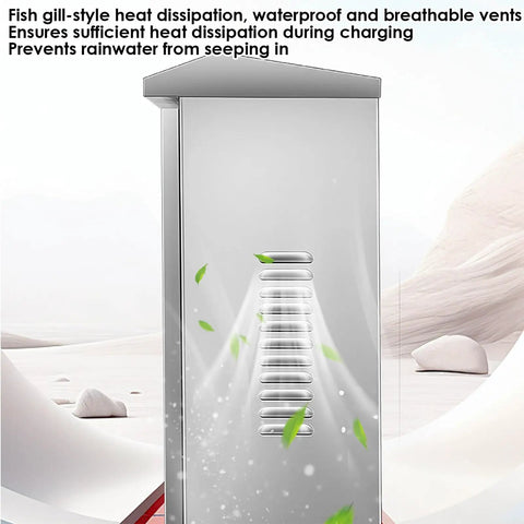 Heavy Duty Outdoor EV Charger Lock Box With Rock Solid Stainless Steel Case And Clever Cord Wrap features breathable vents for heat dissipation.