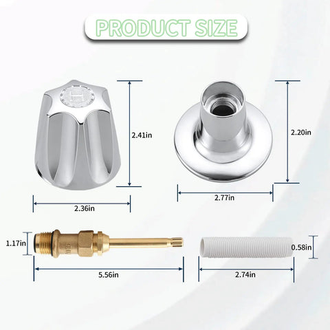 Two Piece Bathtub Shower Knob Replacement Kit For Verve Faucets Chrome Finish with size details and components display