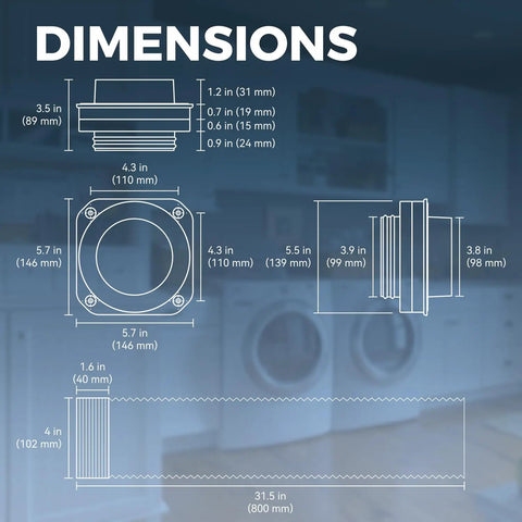 Dimensions diagram of Magnetic Dryer Vent Coupling DV180 Quick Connect Kit with 2.6ft 4 inch duct and components.