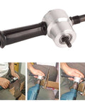 Double Headed Sheet Metal Nibbler With Drill Attachment For Precise Metal Cutting Including 360 Degree Rotatable Cutter Heads And A Six Point Three Five Millimeter Universal Hex Shank For Straight Curved And Custom Cuts featuring user cutting metal.