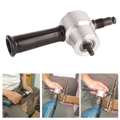 Double Headed Sheet Metal Nibbler With Drill Attachment For Precise Metal Cutting Including 360 Degree Rotatable Cutter Heads And A Six Point Three Five Millimeter Universal Hex Shank For Straight Curved And Custom Cuts featuring user cutting metal.