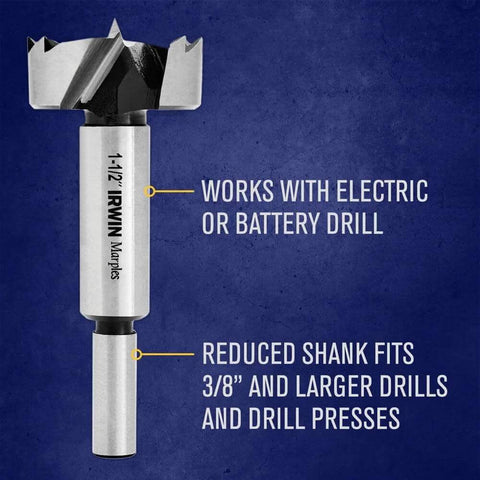 IRWIN Marples Forstner drill bit, 1-1/2 inch, silver metal, side view