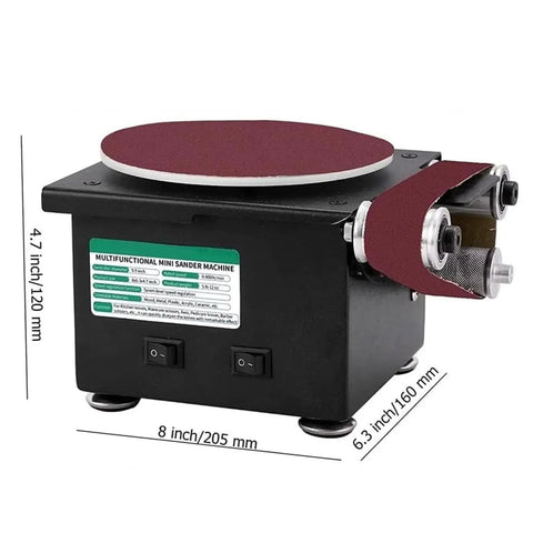 Kickass Heavy Duty Mini Belt Sander With Three In One Grinding And Polishing Kit Featuring 150mm Disc And Seven Speeds Up To 8000 Rpm, compact setup with sanding disc and belt attachment.