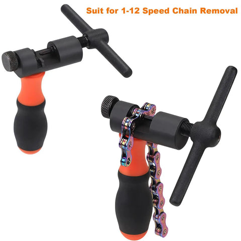 Pro Grade Bike Chain Repair Tools Kit with chain breaker for 1-12 speed chains showing tool with ergonomic black and orange handle.