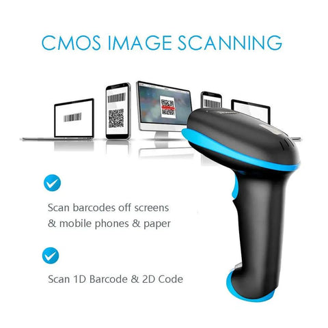 Wireless 2D Barcode Scanner With Stand For Screen Scanning And Handheld Use CMOS Imager Long Range Portable USB Barcode Reader
