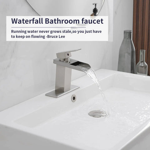 Waterfall Bathroom Faucet Chrome Finish Modern Single Hole Lavatory Sink Mixer Tap Brass Construction With Supply Hose