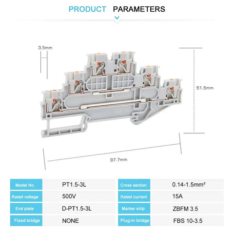 Three Level Push In Wire Terminals For Electrical Din Rail Setup No Sweat Snap Together Connectors For One Point Five Cables Built Like A Tank Pro Workspace Essentials Pack Of Ten dimensions showcasing terminal block specifications.
