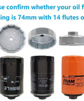 Heavy Duty 74mm Oil Filter Wrench With 14 Flutes, showing filter housing compatibility with VW, Mercedes, Audi, Porsche, Mazda, Sprinter.