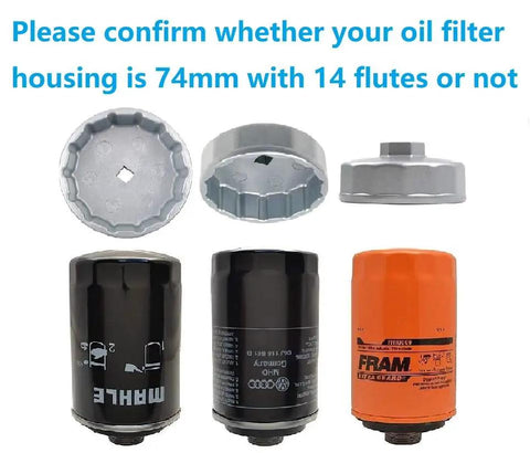 Heavy Duty 74mm Oil Filter Wrench With 14 Flutes, showing filter housing compatibility with VW, Mercedes, Audi, Porsche, Mazda, Sprinter.