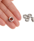 Hand holding nickel-plated Set Screw Shaft Collars 6.05mm Bore, 10mm OD, 5mm Wide alongside a pack of 10 on white background.