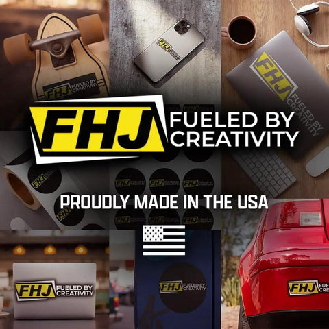 Collage of FHJ branded items including skateboard, phone case, and car, with text 'Fueled by Creativity' and 'Proudly Made in the USA'.