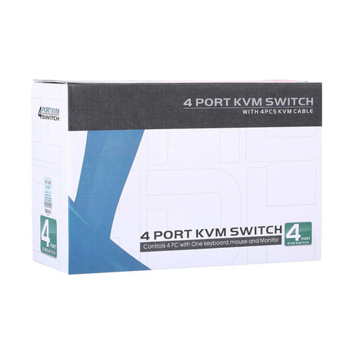 4 Port Vga Kvm Switch With Legacy Computer Keyboard And Mouse Console Cables For Seamless Manual Desktop Rotation High Res Video Output To Plug Into Any Rig And Swap Screens Like A Pro packaging box displaying product details and features.