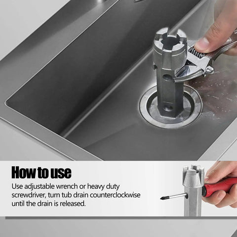 Using Tub Drain Remover Wrench Dual Ended Zinc Alloy Tool for removing sink drain with adjustable wrench, instruction guide visible