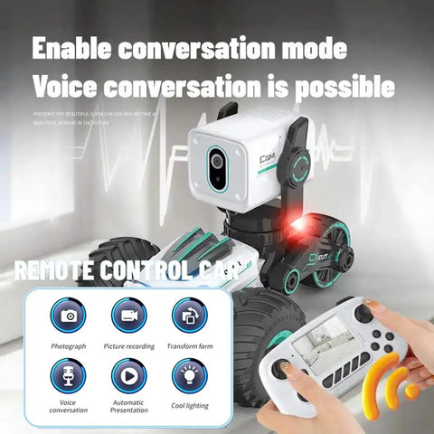 Person holding remote for Stunt RC Car With 720P HD FPV Camera, No App Needed FPV, Two Way Talk, 360 Degree Spins, LED Lights.