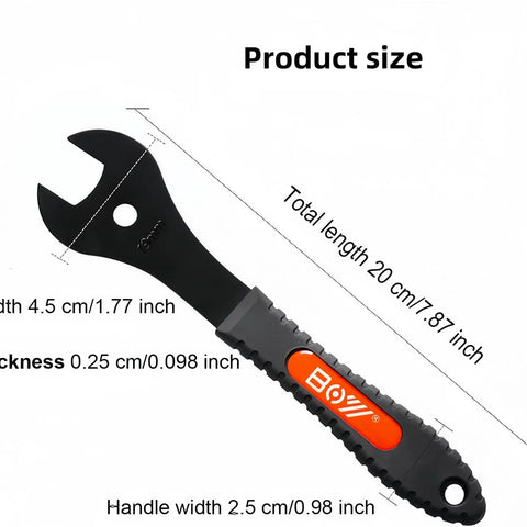 Bicycle Cone Wrench Set 4 Piece 13-14-15-16mm Dual Jaw for Easy Cone Nut Removal with dimensions and pro-grade aluminum handle
