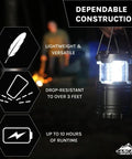 Pop-Up LED Lantern 100 Lumen, 360 Degree Bright Light, IPX4 Water Resistant held with durable construction icons shown
