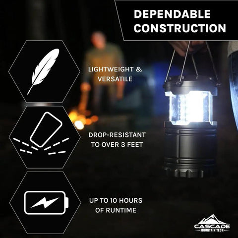 Pop-Up LED Lantern 100 Lumen, 360 Degree Bright Light, IPX4 Water Resistant held with durable construction icons shown