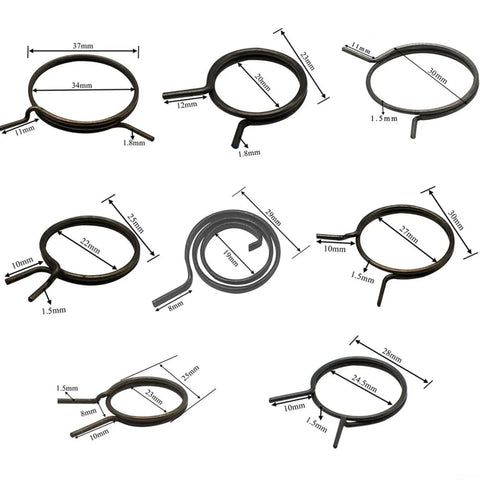 7 different sizes of black torsion coil springs for 5 Pack Door Handle Spring Replacement Kit For Car Doors, with measurements
