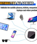 Ultra Soft Microfiber Car Touch Screen Cleaning Cloth for Dashboard and Interior shown with various electronic devices such as a laptop, monitor, tablet, phone, and sunglasses.