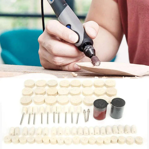 User buffing wood with Top Notch 76 Piece Wool Polishing Wheel Set for Electric Grinder showing wheels and accessories.