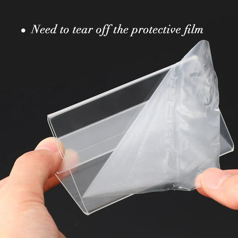 Peeling protective film off Set Of 30 Mini Acrylic Sign Holders, 2 x 3.5 inch Clear Desk Name Plates, Horizontal V Shaped Displays