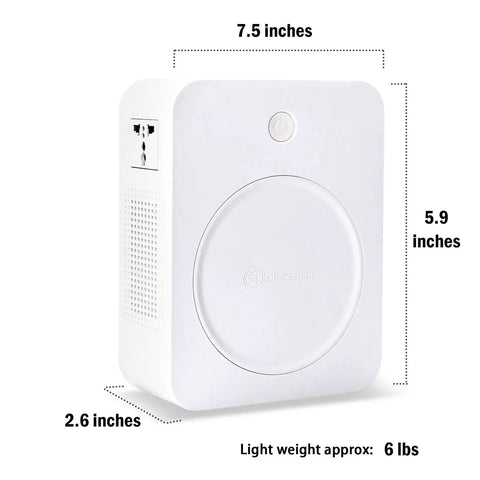 Heavy Duty 500W Step Up Transformer 110V To 220V Power Converter For US Use Compatible With European And Asian Appliances Like Massagers Xbox Bread Makers And Audio Equipment, white compact design with dimensions labeled.