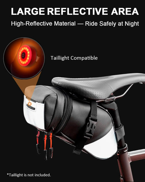 Expandable Bike Seat Bag Under Seat Waterproof Saddle Bag For Mountain Road And Commuter Bikes 1.5L To 2L with reflective area.
