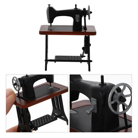 Authentic Vibes Rad Tiny 1/24 Scale Miniature Sewing Machine Dollhouse Replica And Home Decor Ornament Super Detailed Tabletop Accessory For Craft Rooms And Serious Collectors, showing detailed wooden base and movable pedals.