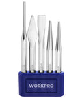 Knockout Five Piece Punch And Chisel Set Forged From Tough Chrome Vanadium Steel For Serious Masonry And Metal Cutting Tasks Built To Eat Hammer Blows Day After Day On Any Grungy Job Site With Tray set displayed in blue holder.