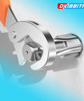 Close-up of a wrench adjusting a pipe fitting with 3-Piece NPT Pipe Tap Set For 1-In, 1-1/4-In, And 1-1/2-In Pipe Fittings.