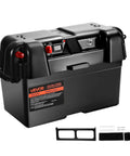 Hella Tough Group 24 27 Battery Box With Badass Double Strap Lockdown For 12V 24V Agm Lithium Marine Trolling Motor Rv Camper Solar Power Systems, sturdy black battery enclosure with indicator.