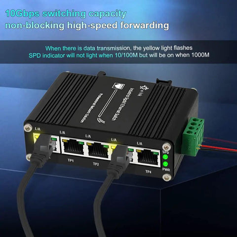 Tough Industrial Five Port Gigabit Ethernet Switch With Five RJ45 Ports 10 100 1000 Mbps Din Rail Mount And Wall Mounts Included