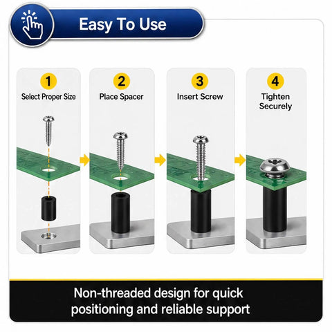 M6 And M8 Nylon Spacers Kit 300 Pieces Black Round Standoff Spacers For PCB Board Electronics DIY Mounting Hardware Ideal For Circuit Assembly Mounting And Hardware Spacing Gear, step-by-step use diagram