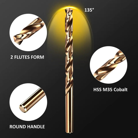 Cobalt Drill Bit Set M35 HSS 13 Piece One Sixteenth Inch To One Quarter Inch Twist Bits for Stainless Steel and Wood