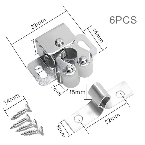 6 Self-Adjusting Double Roller Ball Door Catches Made From Durable Alloy Steel For Cabinets And Drawers To Keep Stuff Secure And Tight Without Any Gaps Or Loose Fits Around The House, showing dimensions and screws.
