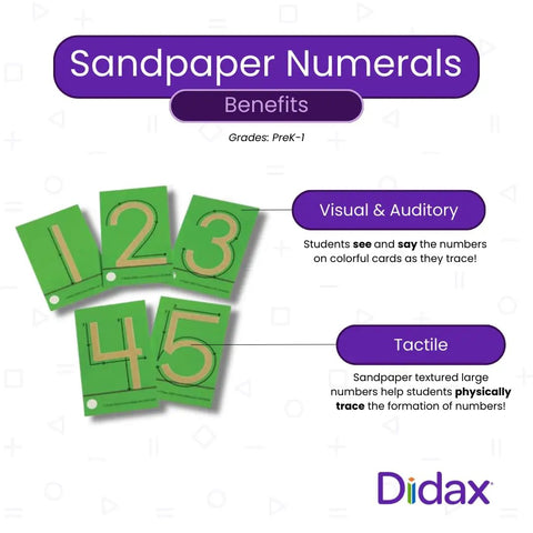 Interactive Tactile Number Cards for Preschoolers and Kindergartners, green sandpaper numeral cards 1 to 5 benefits displayed