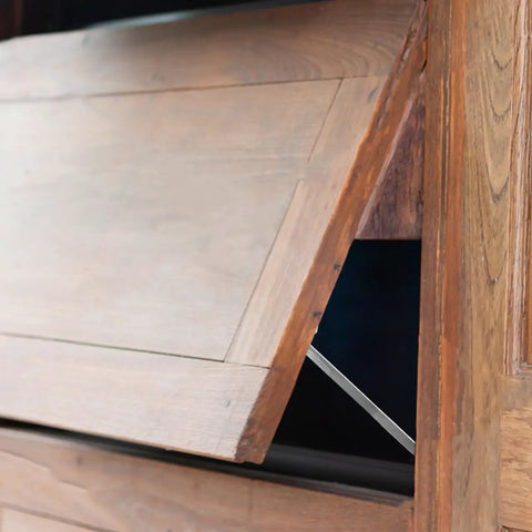 Two Pack Heavy Duty Lift Up Cabinet Hinges With Gas Spring Supports For Cabinets Doors Wardrobes And Bookcases Keeps Lids And Flaps Open Safely And Smoothly Perfect For Kitchens Closets And Home Furniture Projects, shown on wooden flap