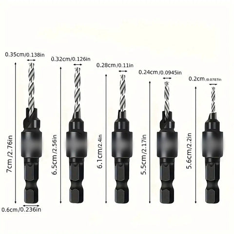 Hex Shank Countersink Drill Bit Set With Top Notch Pro Grade High Speed Steel Bits For Pilot Holes And Chamfering, sizes shown.